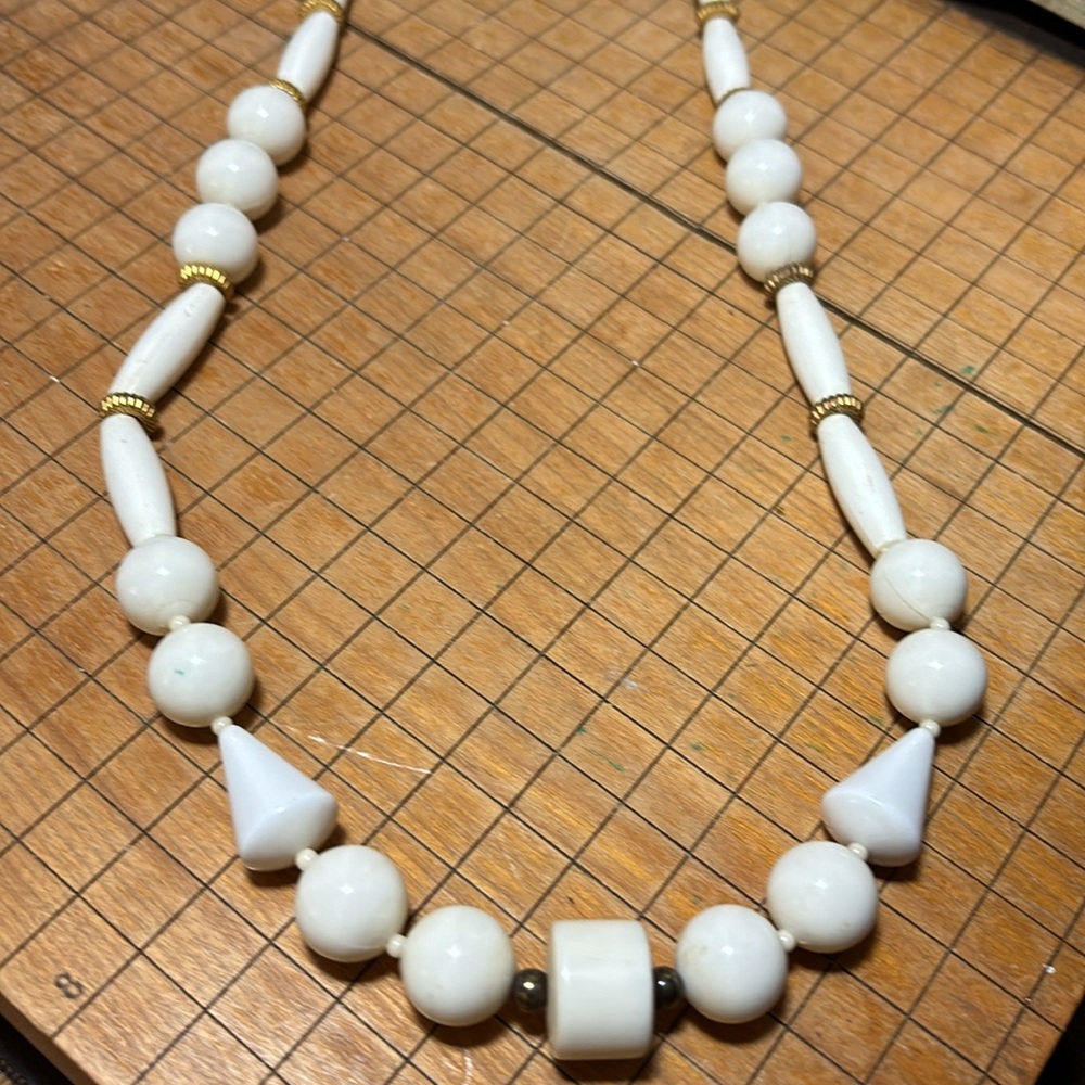 Mixed Geometric Shape White Beads Brass Tone Ribbed Spacers Spring Ring Clasp